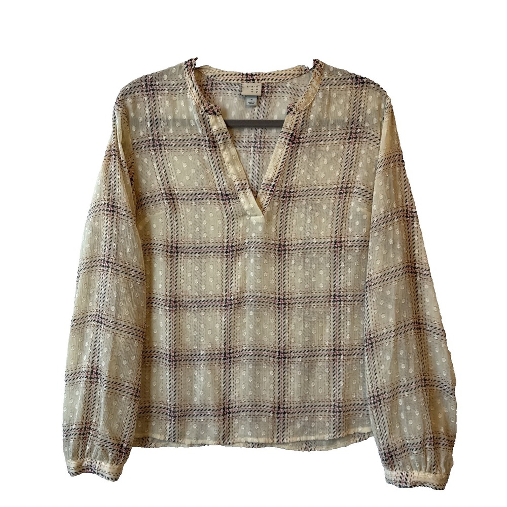 Boho Chic Sheer Plaid Swiss Dot V Neck Long Sleeve Top M Peasant Layering Cream